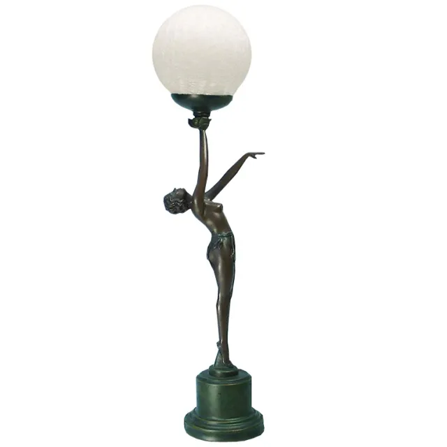 67cm Art Deco Lady Crackle Glass Globe Table Lamp / Bronze Finish Sculpture.New