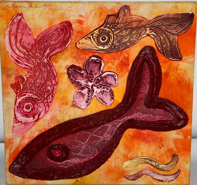 Firmado Millet. Tecnica Mixta Sobre Lienzo. Composicion Con Peces