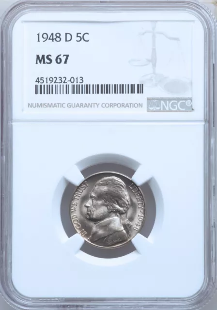 1948-D MS67 Jefferson Nickel, NGC Graded MS67, Registry Quality Coin!