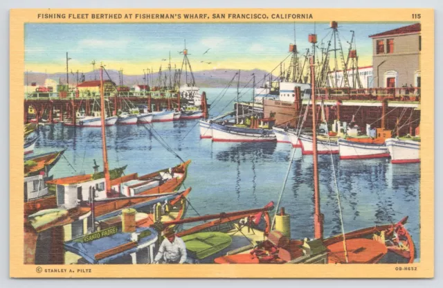 San Francisco California~Fisherman's Wharf~Fishing Fleet~Boats~Linen Postcard