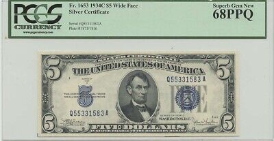 1934C $5 Silver Cert FR#1653 PCGS 68 Superb Gem PPQ Wide Face