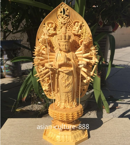 17" China Wood Carving 1000 Arms Avalokiteshvara of Goddess Buddha Lotus Statue