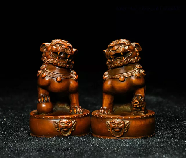 Boxwood Wood Chinese Feng Shui Carving Foo Dod Lion On drum Figurine Statue Pair