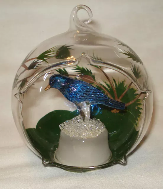 Vintage Gerson Glass Hand Painted Pine Tree Blue Bird Globe Centerpiece Ornament