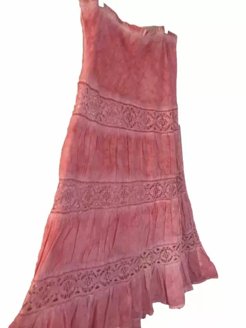 SOLITAIRE BROOMSTICK TIERED Maxi Skirt M Pull On Pink White Tie Dye ...