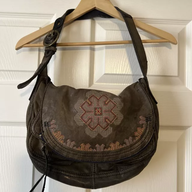 Lucky Brand Stash Bag Boho Folkloric Embroidered Italian Leather Satchel