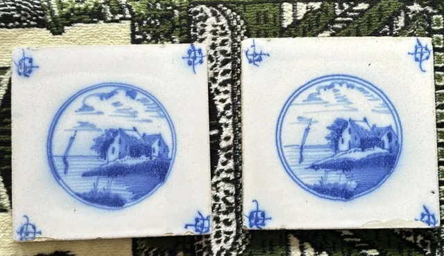 Delft Antique 18th Century , Blue And White Tin-Glazed Tiles,  Set of 2