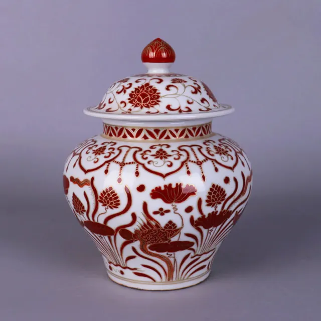China Porcelain Ming Xuande Alum Red Gilding Fish Algal Pattern Tea Caddies7.87"