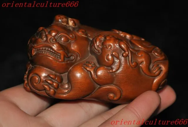 2.8"China boxwood wood carven Feng shui wealth animal pixiu beast art statue