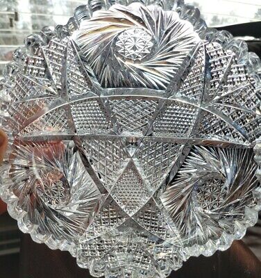 Antique Abp American Brilliant Period Cut Glass Crystal Bowl Strawberry Cut  8"