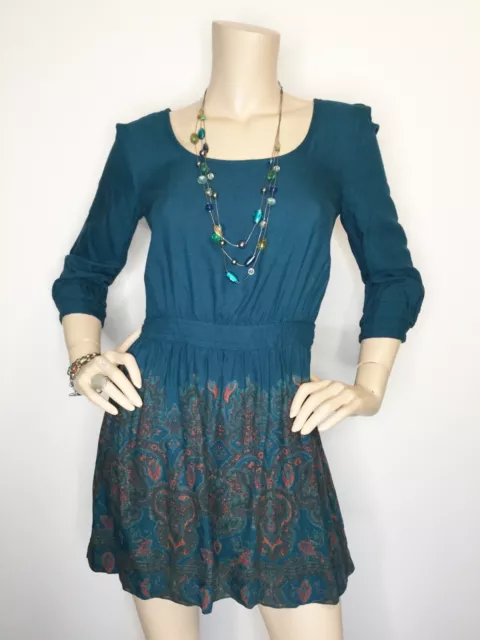 Ecote Small Urban Outfitters Teal Open Back Paisley 3/4 Sleeve Tunic Mini Dress