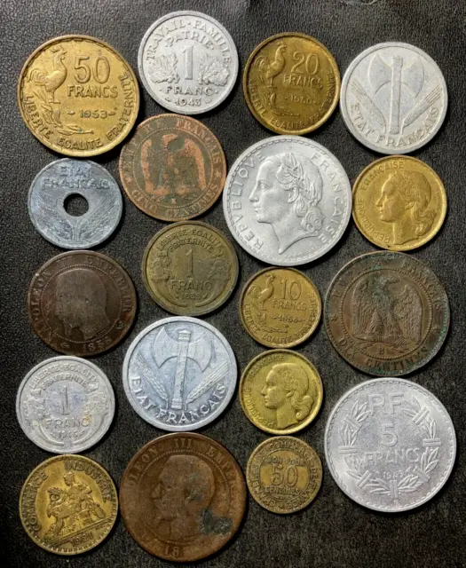 Old FRANCE Coin Lot - 1853-1955 - 19 Excellent Coins - lot #J9