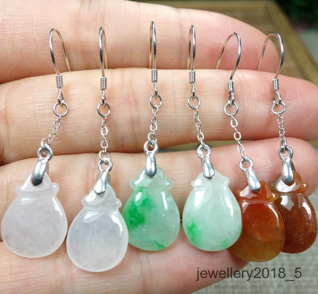 3Pairs Certified Icy White+Green+Tawny Burma100%Natural A jadeite jade Earring耳坠