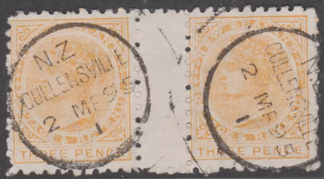 New Zealand 1893 Used 3d Lem Yellow SG221F ? GUTTER PAIR ADVERT SUPERB POSTMARK