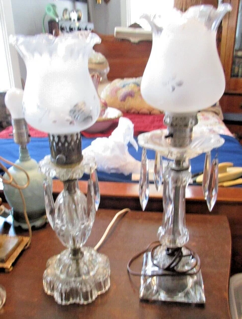 Pair Vintage Glass & Crystal Boudoir Lamps - cut Clear to Frosted Shades Prisms