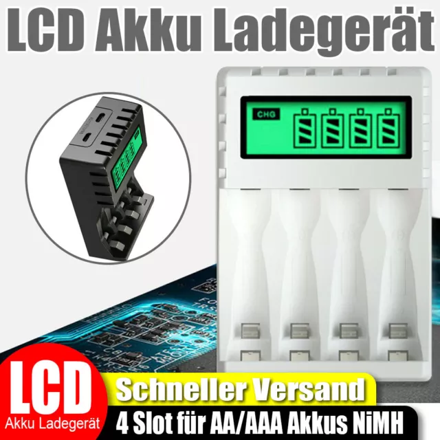 4 Slots LCD Akku Ladegerät USB Kable für AAA AA Lithium Nimh Batterie DE