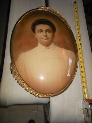 Antique Brass Convex Bubble Dome Oval Glass Picture Frame Vintage Fern 21" x 14"