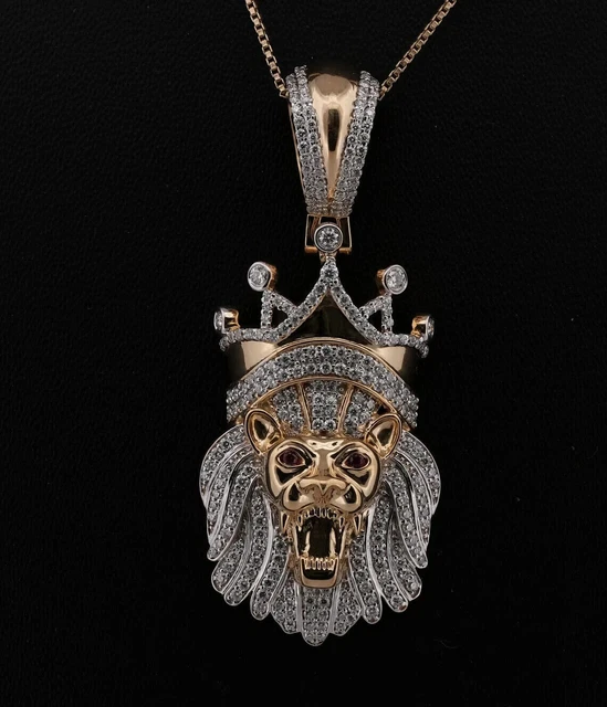 Pendentif Tête de Roi Lion Moissanite Ronde en Argent Plaqué Or Rose 14K 3Ct