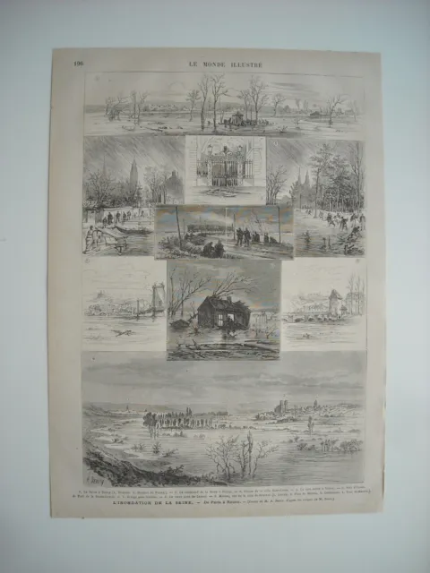 Gravure 1876. L’inondation De La Seine. Poissy. Pont De La Roche-Guyon. Mantes..