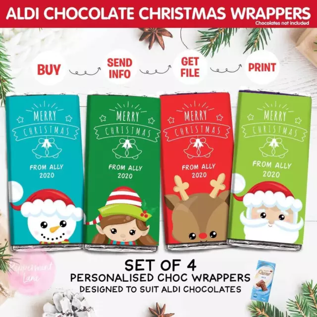 Set of 4 DIGITAL Personalised CHRISTMAS Aldi Choc Wrappers Xmas Party Teachers