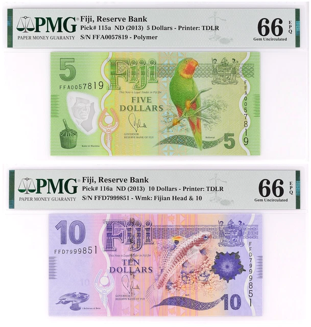 Fiji Set of Two Banknotes Year 2013 p115a, p116a PMG 66 Gem UNC EPQ