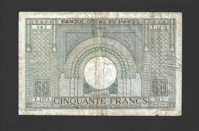 Billet Maroc 50 Francs 1 du 28-10-1947 en état TB