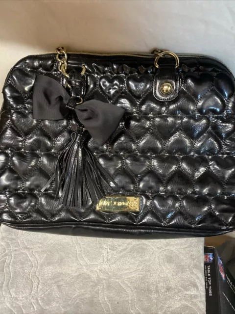 Betsey Johnson Be Mine Black Quilted Heart Bag Tote Purse Double Handle Ribbon