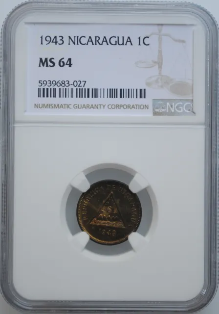 Nicaragua 1 centavo 1943, NGC MS64, "Cordoba (1912 - 1990)"