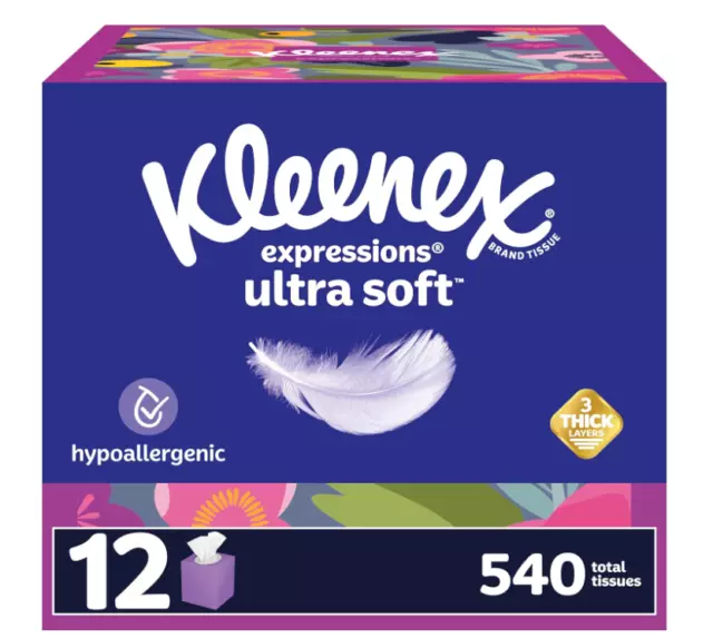 Kleenex Expressions Ultra Soft Facial Tissues-3-Ply 12 Cube Boxes (540 Tissue)