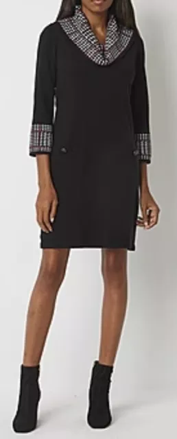 Jessica Howard Black Sweater Dress 3/4-Sleeve Houndstooth Cowl Neck Shift S NWT