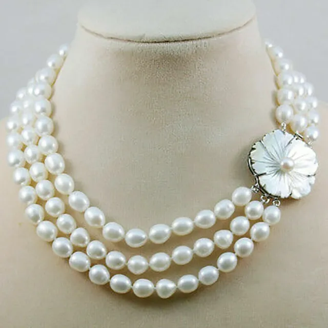 Beautiful 3 Rows Natural 7-8mm White Freshwater Cultured Pearl Necklace 17-19"