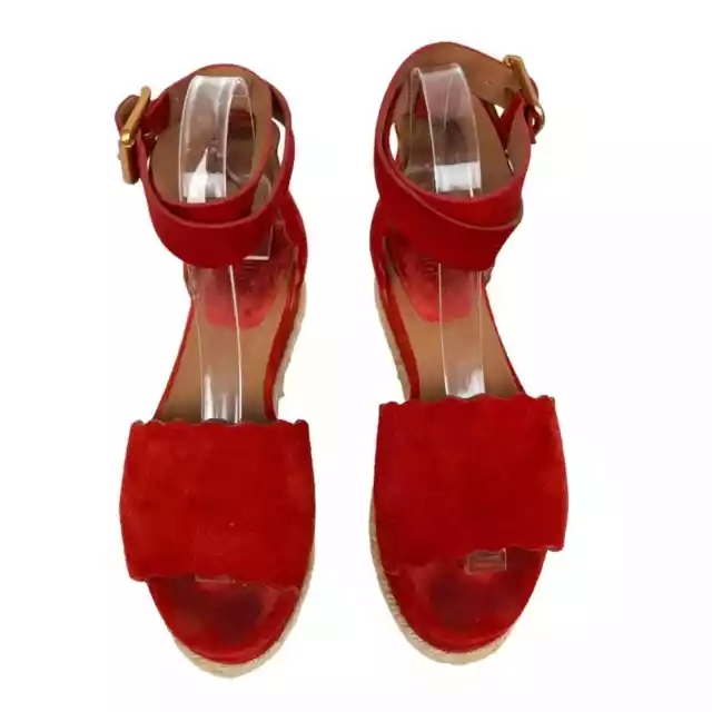 Chloe Lauren Scallop-edged Red Suede Platform Espadrilles Ankle Strap Sandals 6 2