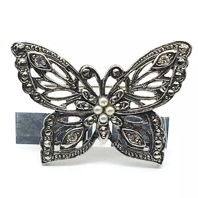 Vtg Silver Tone Pewter Style Filigree Butterfly Seed Bead Focal Pin Brooch 2"