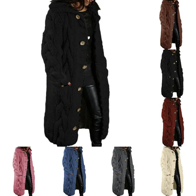 Stilvolle lange Damen-Wintermantel-Cardigan-Pulloverjacke mit klobigem Strick