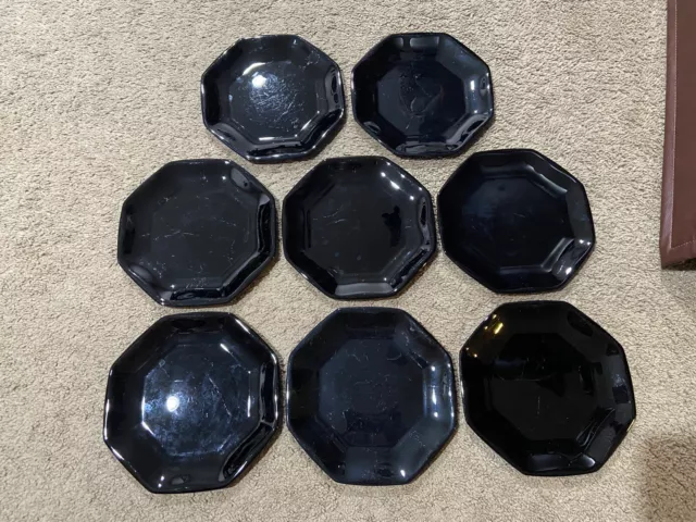 Arcoroc Octime Black Glass Salad Plates Octagon Vintage France 7.5” Set Of 8