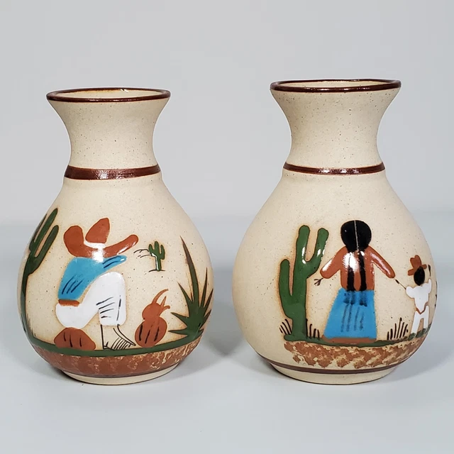 Tonala Bud Vase 2 Mexican Clay Pottery Mother Child Man On Rock Southwestern