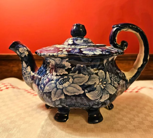 Dark Blue Staffordshire Pearlware Teapot "Union Floral"