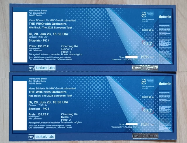 The Who Waldbühne Berlin 20.06.2023 2 Top Sitzplätze nebeneinander K4 Reihe 1! The Who Waldbühne Berlin 20.06.2023 2 Top Sitzplätze nebeneinander K4 Reihe 1!