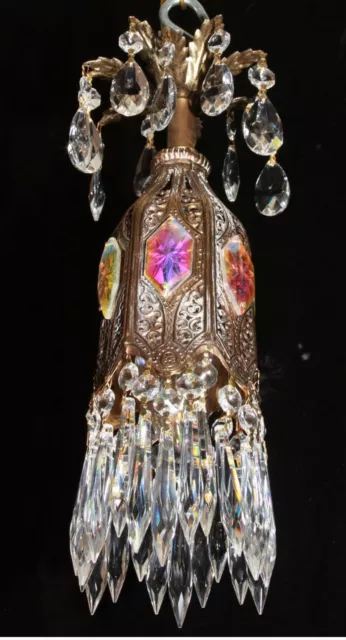 1 jeweled Tulip lily filigree SWAG hanging Crystal lamp chandelier Vintage brass 3