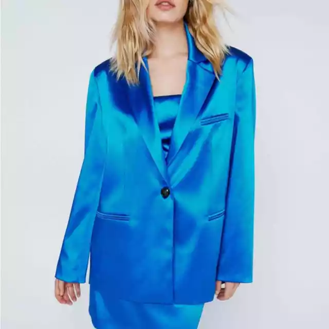 NWT Nasty Gal Satin Tailored Single Breasted Blazer Electric Blue Size 2
