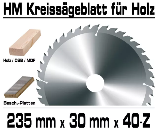 Kreissägeblatt 235 mm x 30 mm x 40 Zahn Holz Kappsäge Hand Kreissäge Hartmetall