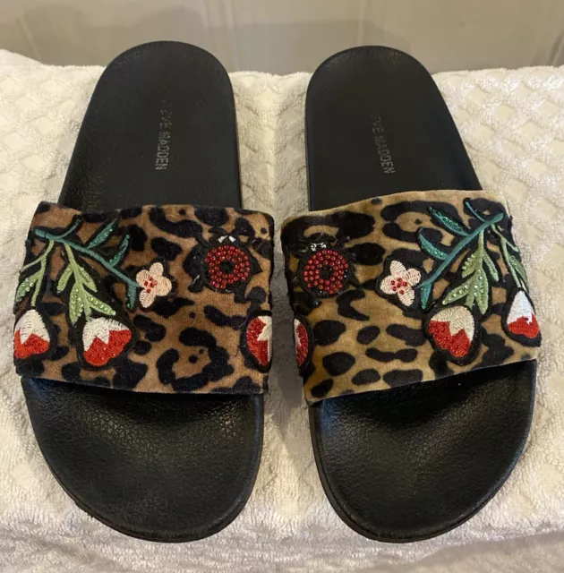 Steve Madden Patches Leopard Print Embroidered Sequined Slides Sz 8