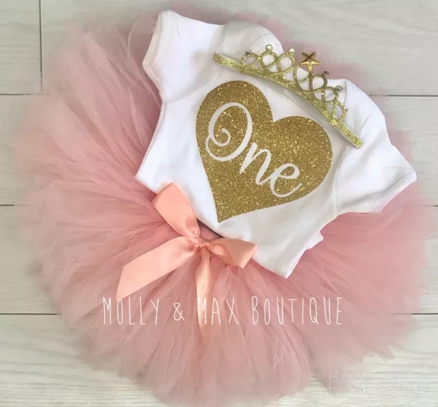 Luxury Baby Girls First 1st Birthday Outfit Tutu Skirt Blush Pink Cake Smash Set