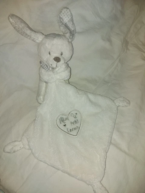 Doudou Mouchoir Lapin Blanc Gris Brodé Mon Petit Cœur Pommette 100% Neuf