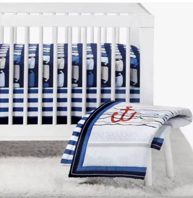 Cloud Island By The Sea 4P Nursery Crib Bedding Set Navy Blues Whales Stripes Cloud Island By The Sea 4P Nursery Crib Bedding Set Navy Blues Whales Stripes
