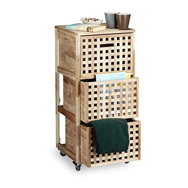 (TG. 7/8 Anni) Relaxdays Mobiletto su Ruote in Legno di Noce, con 3 Scomparti, S