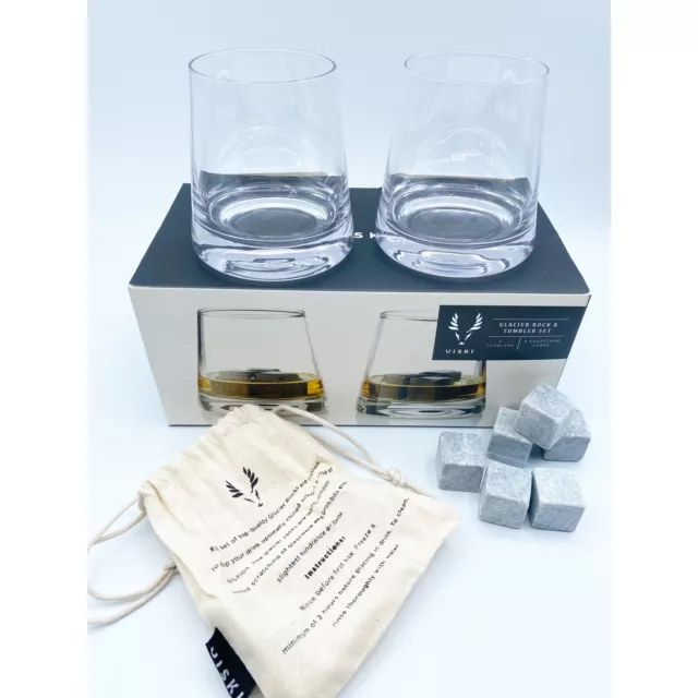 Viski Glacier Rock Tumbler Set 2 Drink Rocks Glasses 6 Soapstone Cubes Open Box