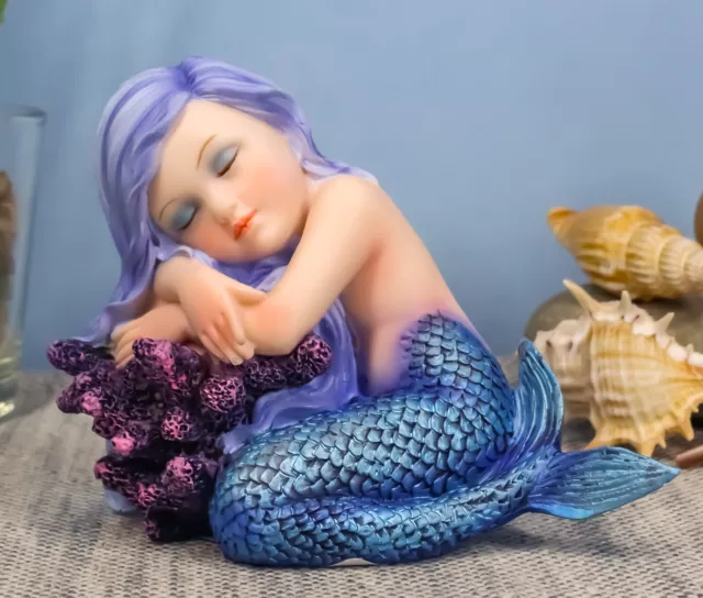 Under The Sea Blue Child Mermaid Sleeping On Coral Bed Statue Mergirl Figurine