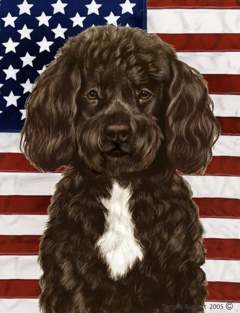 Patriotic (D2) Garden Flag - Bearded Chocolate White Portuguese Water Dog 324881