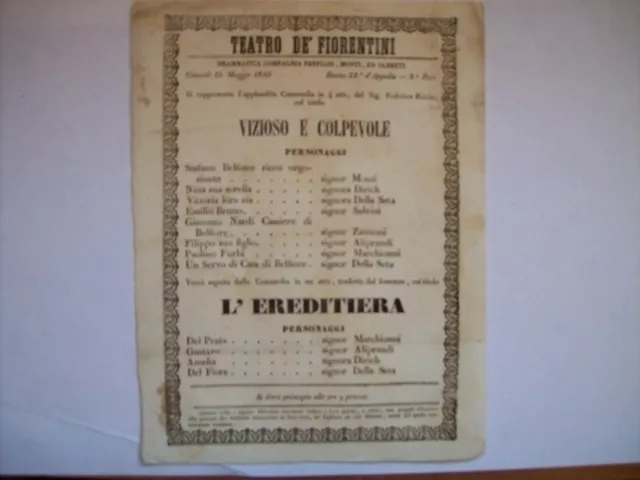 LOCANDINA TEATRO DE  FIORENTINI VIZIOSO E COLPEVOLE L'EREDITIERA 1845 (a6-1)